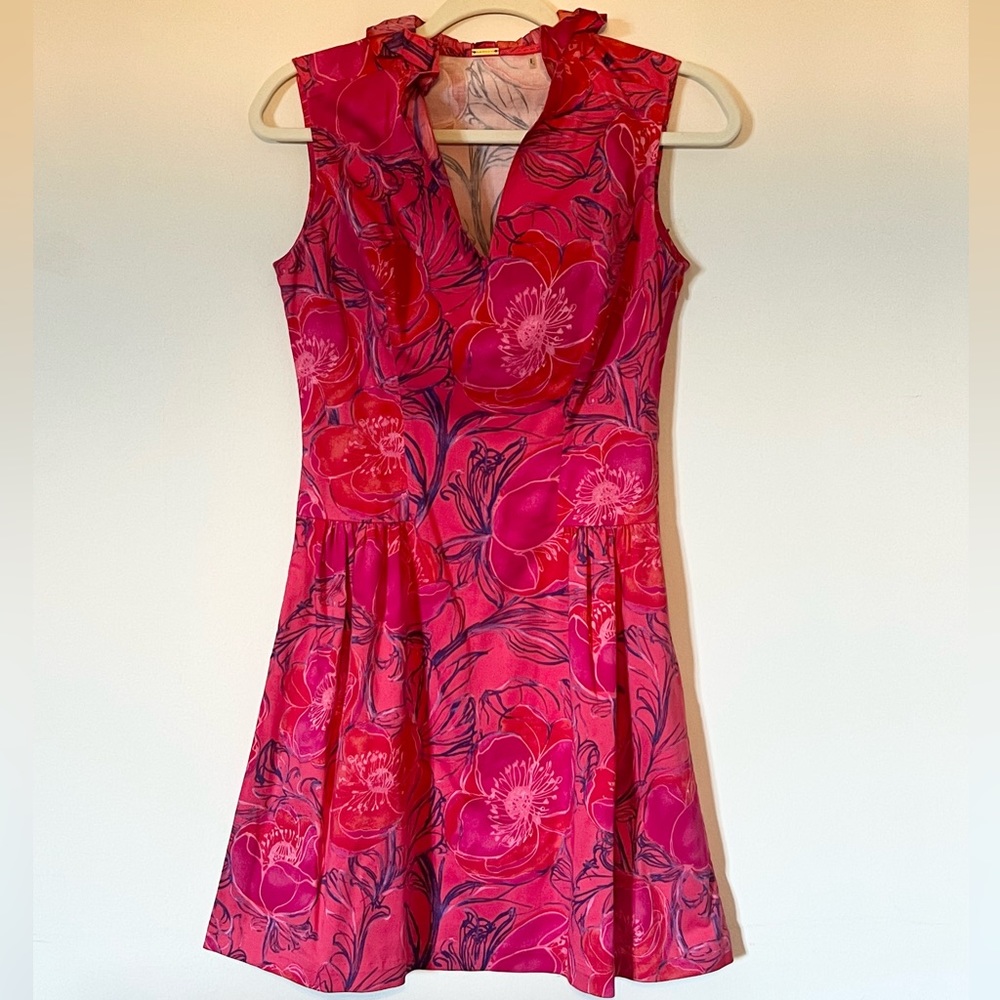 Elie Tahari Dress Size 4 Hot Pink Purple Floral Ruffle Neck Cotton Blend